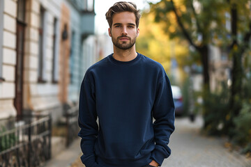 Wall Mural - Navy-blue sweatshirt mockup wearing by a male model - Round neck sweatshirt mockup