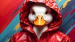 Fashion white duck in red fall hooded rain jacket. Trendy bright color. Pop art portrait, abstract color background generative ai