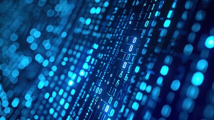 Blue digital binary data on computer screen background