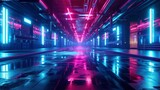 Fototapeta Londyn - Photorealistic 3d illustration of the futuristic city in the style of cyberpunk. Empty street with neon lights. Beautiful night cityscape