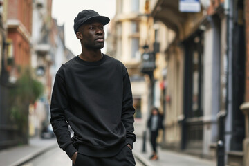 Wall Mural - Black sweatshirt mockup wearing by a male model - Round neck sweatshirt mockup