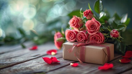 Wall Mural - Valentines concept with bouquet of roses and wrapped gift box on wooden table