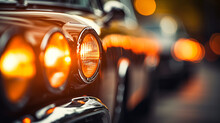 Cars In A Row Head Lights Close Up Blur Background