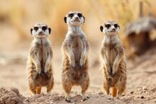 Curious Meerkats Standing Upright On A Sandy Desert, Alert And Watchful