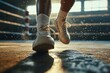 Extreme close-up of a boxer's shoes maneuvering in the ring, capturing agility and footwork