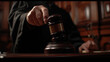 Court of Law and Justice Trial Session: Impartial Honorable Judge Pronouncing Sentence, striking Gavel. Focus on Mallet, Hammer. Cinematic Shot of Dramatic Not Guilty Verdict. Close-up Shot.