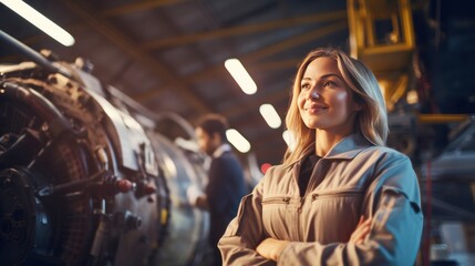 Wall Mural - Portrait of a happy and confident female aerospace engineer works on an aircraft engine with expertise in technology and electronics in the aviation industry
