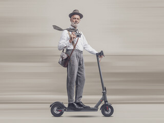 Canvas Print - Vintage style photographer and traveler riding a scooter