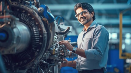 Wall Mural - Portrait of a happy and confident male aerospace engineer works on an aircraft engine with expertise in technology and electronics in the aviation industry
