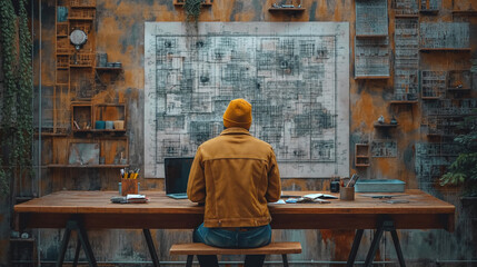 Wall Mural - Professional engineer with a safety helmet intently checking complex blueprints at an industrial manufacturing plant.