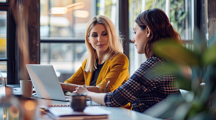 Women office worker discussing a new project with a colleague during the working day in co-working