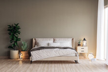 Modern Contemporary Cozy Bedroom Decorated With Potted Plants 3d Render , The Rooms Have Wooden Floors And Empty Gray Walls For Copy Space, Large Window Nature Light In To The Room