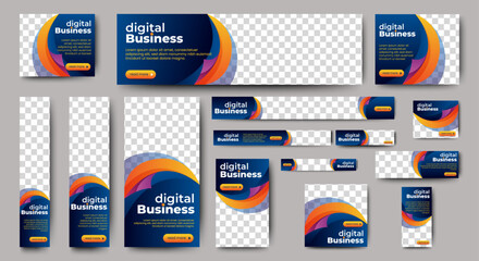 Abstract banner design web template Set, Horizontal header web banner. Modern Gradient Blue cover header background for website design, Social Media Cover ads banner, flyer, invitation card