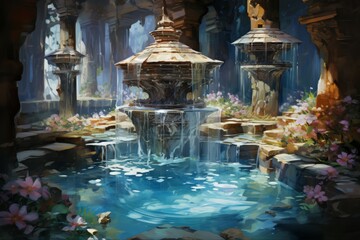 Canvas Print - Crystal-clear wishing wells, granting the desires of those who toss in their coins - Generative AI