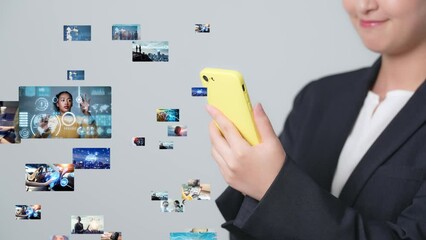 Wall Mural - woman using a smart phone and digital contents concept. streaming video. social media. virtual reali