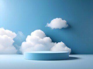 blue podium with white clouds on sky background. 3d rendering illustration with copy space for mock 