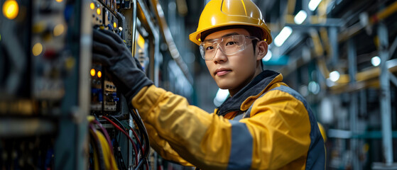 asian man commercial electrician with staff at work on a fuse box in factory, adorned in safety gear,generative ai