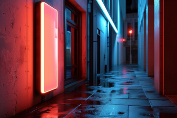 Wall Mural - A glowing neon signboard on a wet urban street at night, ideal for atmospheric backdrops or to overlay text for promotions or announcements.