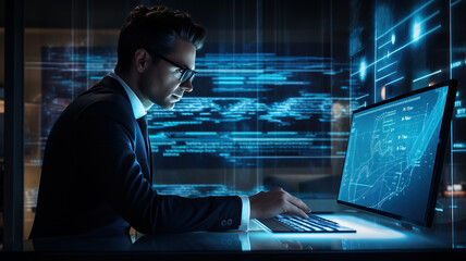 image of a young data analyst working on a computer in a futuristic office environment AI generated