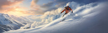 A Man Skiing On The Top Of A Hill In The Sun, Luxurious, Light Yellow And Azure, Precision Of Line, Smooth And Polished, Photo Taken With Provia, Low-angle, Dramatic, 


