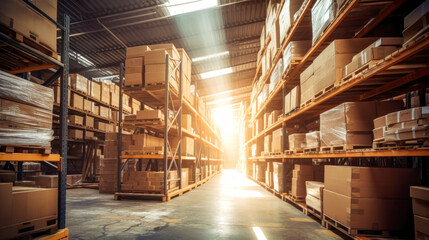 Wall Mural - Retail warehouse full of shelves with goods in cardboard boxes, with pallets. Logistics and transport. Product distribution center. Selective focus.