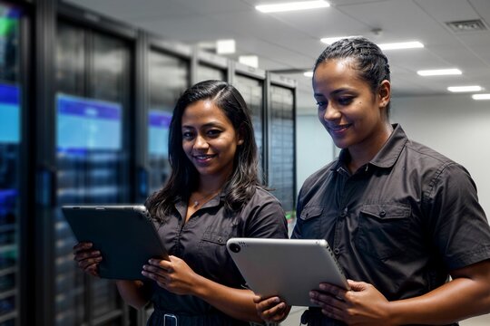 two women working in IT profession as technicians with STEM education