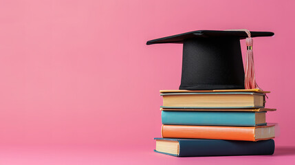 Stack of books and black graduation cap on pink background