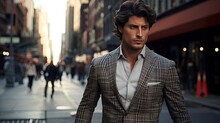 Beautiful Men's Model In A Plaid Suit Walking Down The Street, Showcasing Stylish And Modern Urban Fashion.