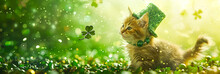 Image Of Kitten In Green Hat Chasing Shamrock　