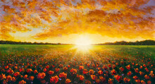 Panorama Oil Painting Of A Red Poppy Field Flower. Summer Flowers Red Field. Modern Art - Impressionism, Texture Paintings