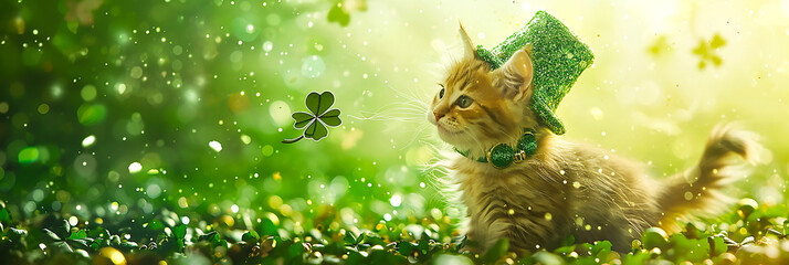 Image of kitten in green hat chasing shamrock　