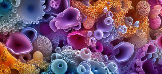 Wall Mural - Colorful microscopy view of cells and organisms for scientific research. Microbiology and medicine.