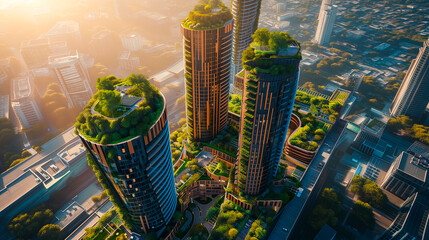 General plan of a large city with three skyscrapers and plants on the roofs. Eco-sustainable city