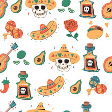 Cinco De Mayo Elements Vector Cartoon Seamless Pattern Background For Wallpaper, Wrapping, Packing, And Backdrop.