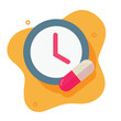Treatment or take medicine time reminder icon vector flat cartoon graphic illustration, pharmacy medication history symbol with pill tablet dose and clock watch image clipart design