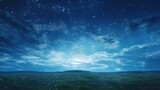 Fototapeta Kosmos - Panorama meadow with dark blue starry night sky background