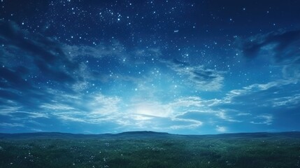 Wall Mural - panorama meadow with dark blue starry night sky background