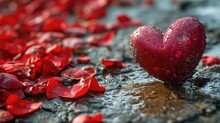 A Heart Sitting On A Rock, Surrounded By Petals Of A Red Rose