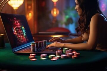 Woman playing online casino with gambling chips.