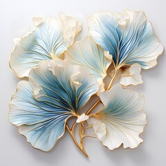 Wall Mural - blue ginkgo leaves with gold line and white marble background 