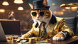 © Xabi - Cool rich gangster boss cat hipster with sunglasses, hat, headphones, gold chain and money dollars. Business, finance, creative idea. Crypto investor cat is holding a lot of money