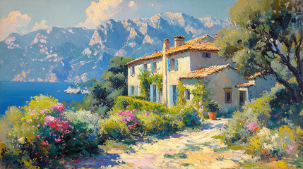 Wall Mural - vibrant impressionist painting of a picturesque cottage surrounded by lush gardens overlooking the s