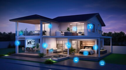 Smart home technology conceptual banner. Building consists digits and connected with icons of domestic smart devices. illustration concept of System intelligent control house on blue background