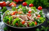 Fototapeta Mapy - chicken salad on table with vegetables