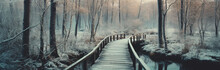 A Wooden Trail In The Woods On A Winter Day, In The Style Of Retro Filters, Light Emerald And Gray, Colorful Landscapes, Stark Honesty, Forestpunk, Photorealistic Detail



