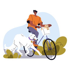 Wall Mural - Owner walks dog, carries cute puppy in bike basket. Cyclist strolls his pets during rides bicycle. Doggy lover cycling with domestic animals. Flat isolated vector illustration on white background