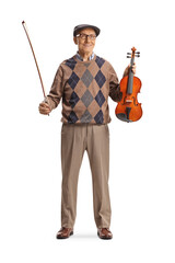 Poster - Full length portrait of happy senior man holding a violin and a fiddle