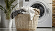 © Alberto Masnovo - Closeup of a wicker basket full of white and grey clothes to wash and a washing machine in a laundry room. Generative Ai.