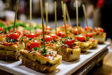 Wall Mural - Pintxos Tradition: Dive into the Culinary Culture of the Basque Country - Pintxos, Small and Flavorful Snacks, Served in Bars, Bring a Tasty and Authentic Spanish Experience
