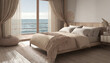 Modern bedroom with boho interior design showcasing a bed adorned with beige bedding set against a spacious panoramic window overlooking the sea